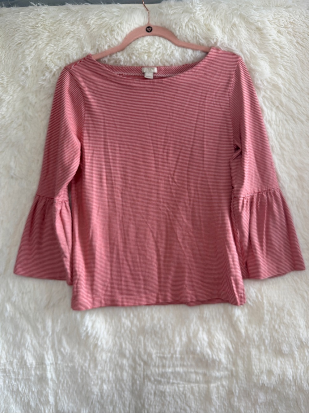 J. Crew Womens Striped Boat Neck Top S Red 3/4 Bell Sleeve Cotton Preppy READ